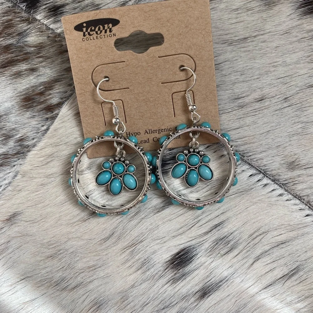 brand new silver and turquoise hanging hoop earrings - Picture 3 of 3